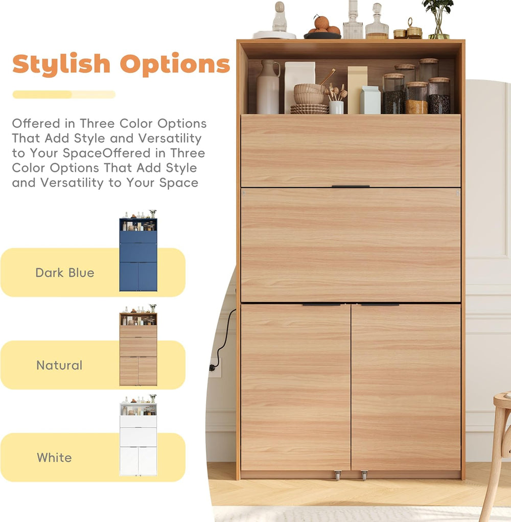 69" Compact Kitchen Pantry with Power Outlet, Freestanding Wooden Kitche...