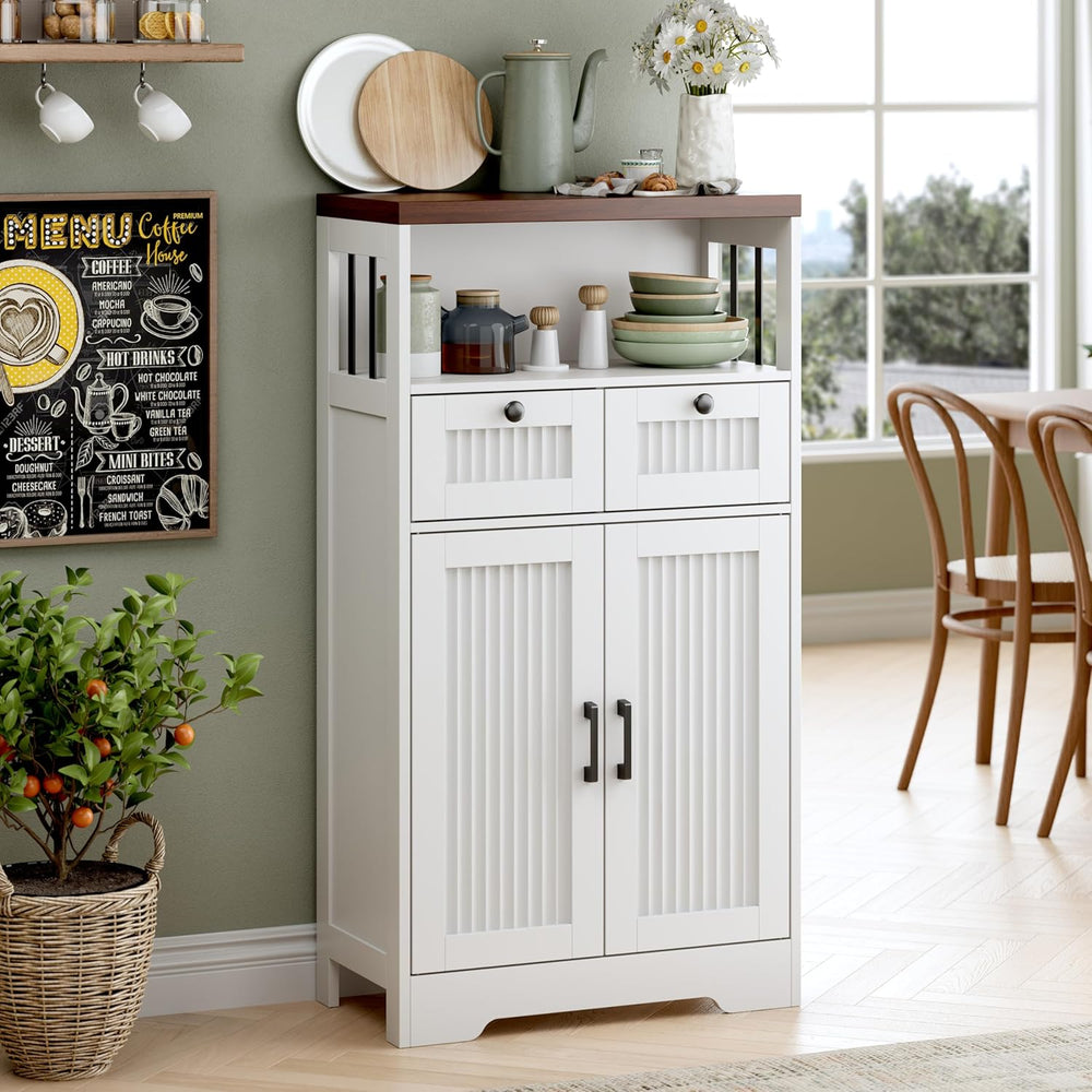 Buffet Cabinet, Fluted Sideboards with 2 Drawers and Doors, Open Compartment ...
