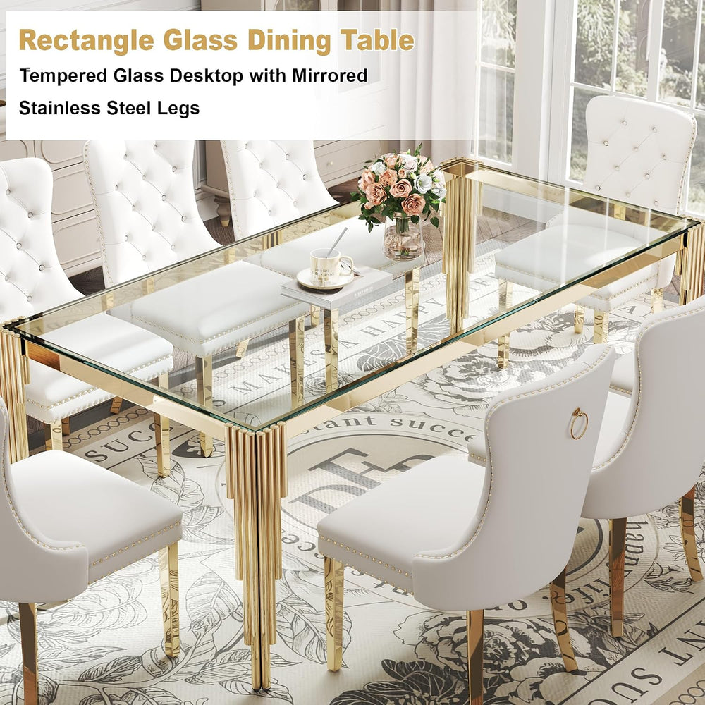Rectangle Glass Dining Table, 81" Clear Tempered Glass Desktop with Gold...