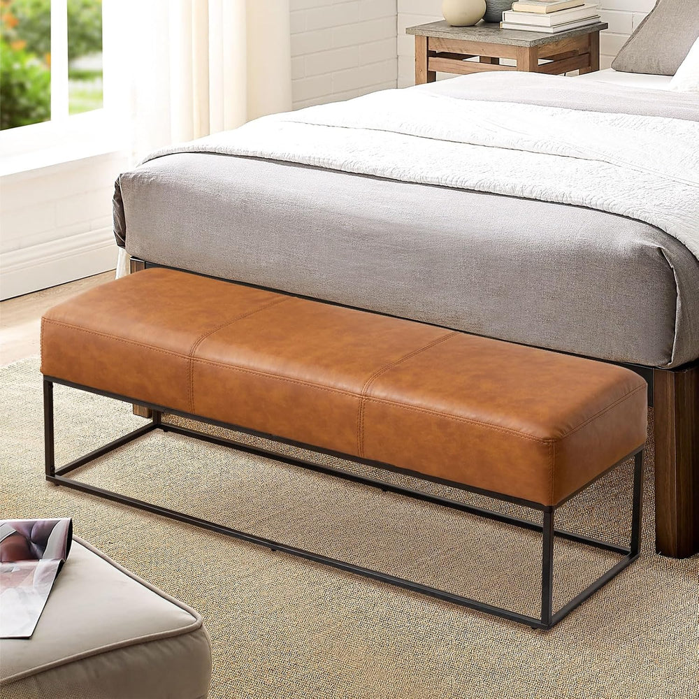 Entryway Bench for Bedroom End of Bed, Modern Ottoman with Faux Leather Uphol...