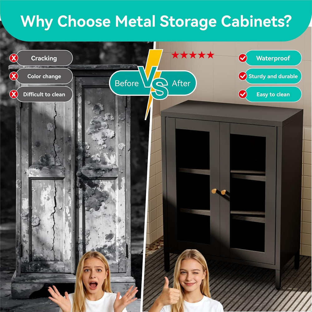 Small Metal Cabinet with Glass Doors,Display Storage Cabinet with 2 Adjustabl...