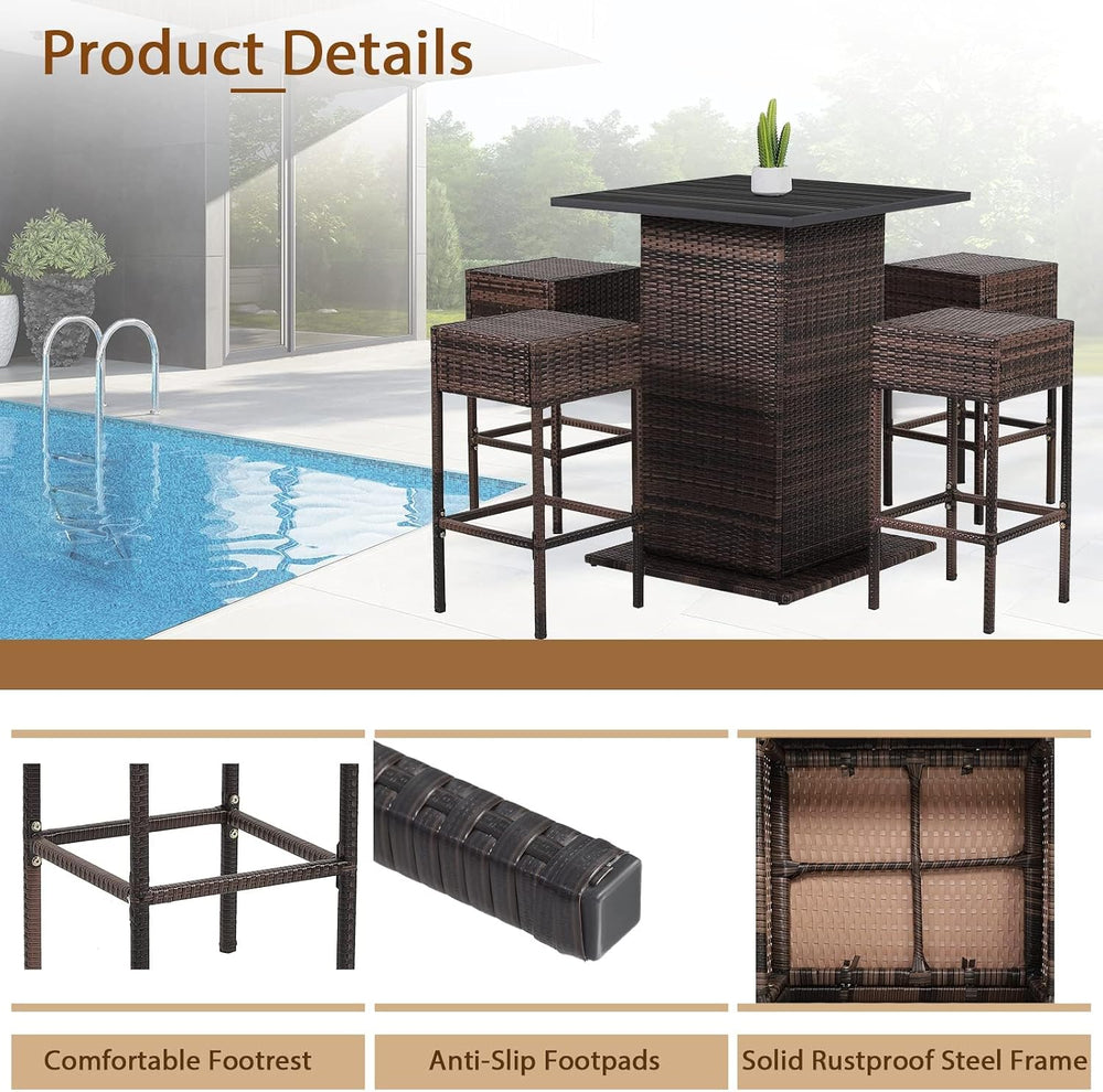 HAPPYGRILL 5 Pieces Rattan Bar Set, Outdoor Wicker Bar Table and 4 Bar Stools...