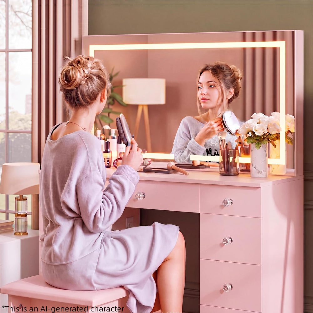 SMOOL Vanity with Mirror and Lights - Vanity Desk with Outlet and 9 Drawers |...