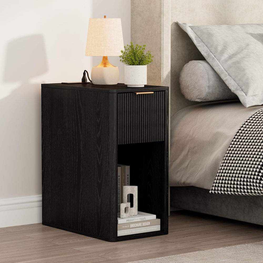 Homleke Narrow End Table with Fluted Drawer and Charging Station, Small Night...