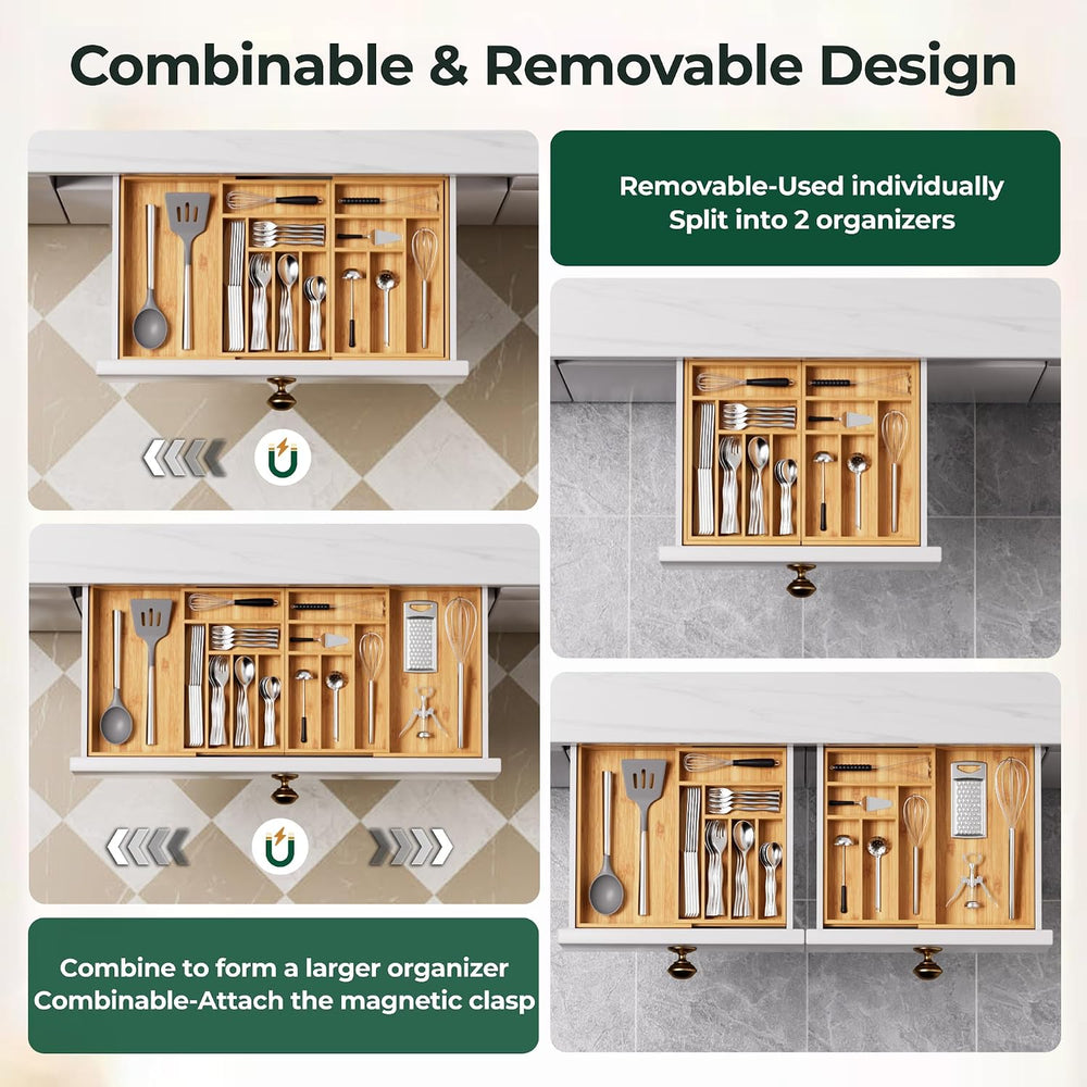 Large Silverware Organizer, 13 Slots Magnetic Connected Expandable Bamboo Ute...