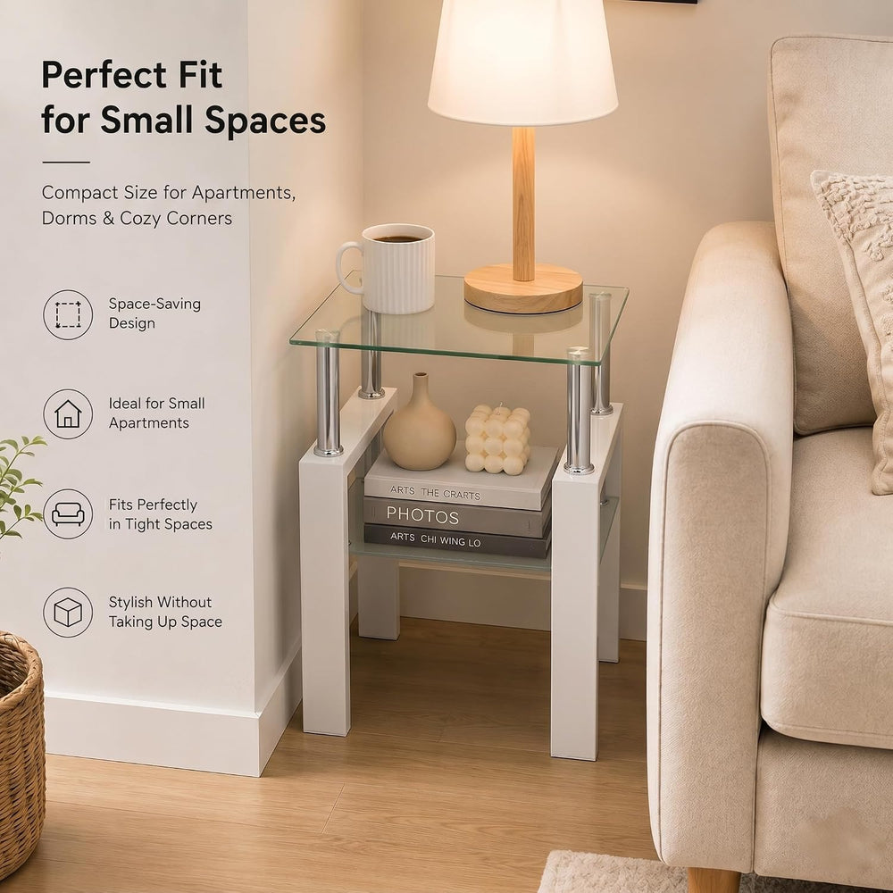 Meihua Tempered Glass End Table, White Modern Square Side Table with Metal Fr...