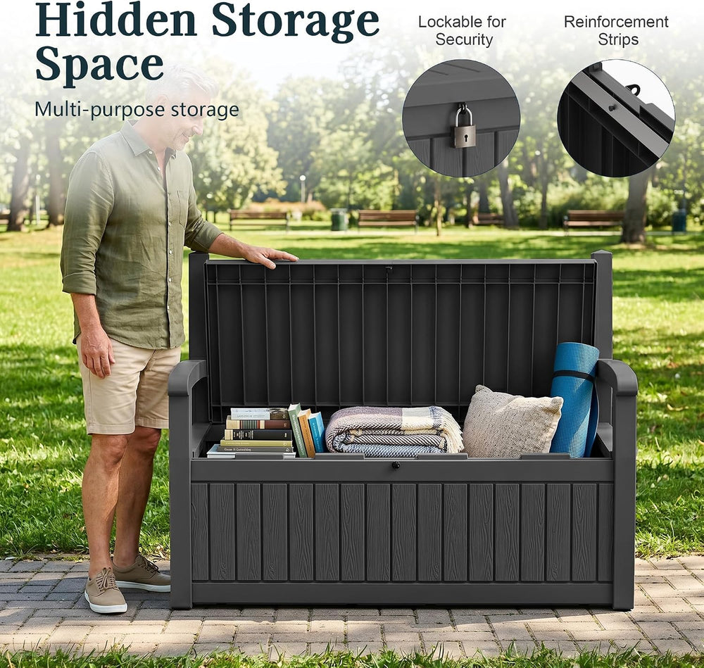 Outdoor Bench with Storage, Waterproof Garden Storage Bench, 100 Gallon Locka...