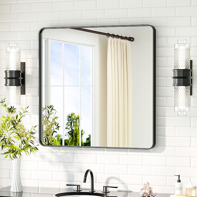 TETOTE Black Bathroom Mirror 30 x 30 Matte Black Metal Framed Vanity Mirror, ...