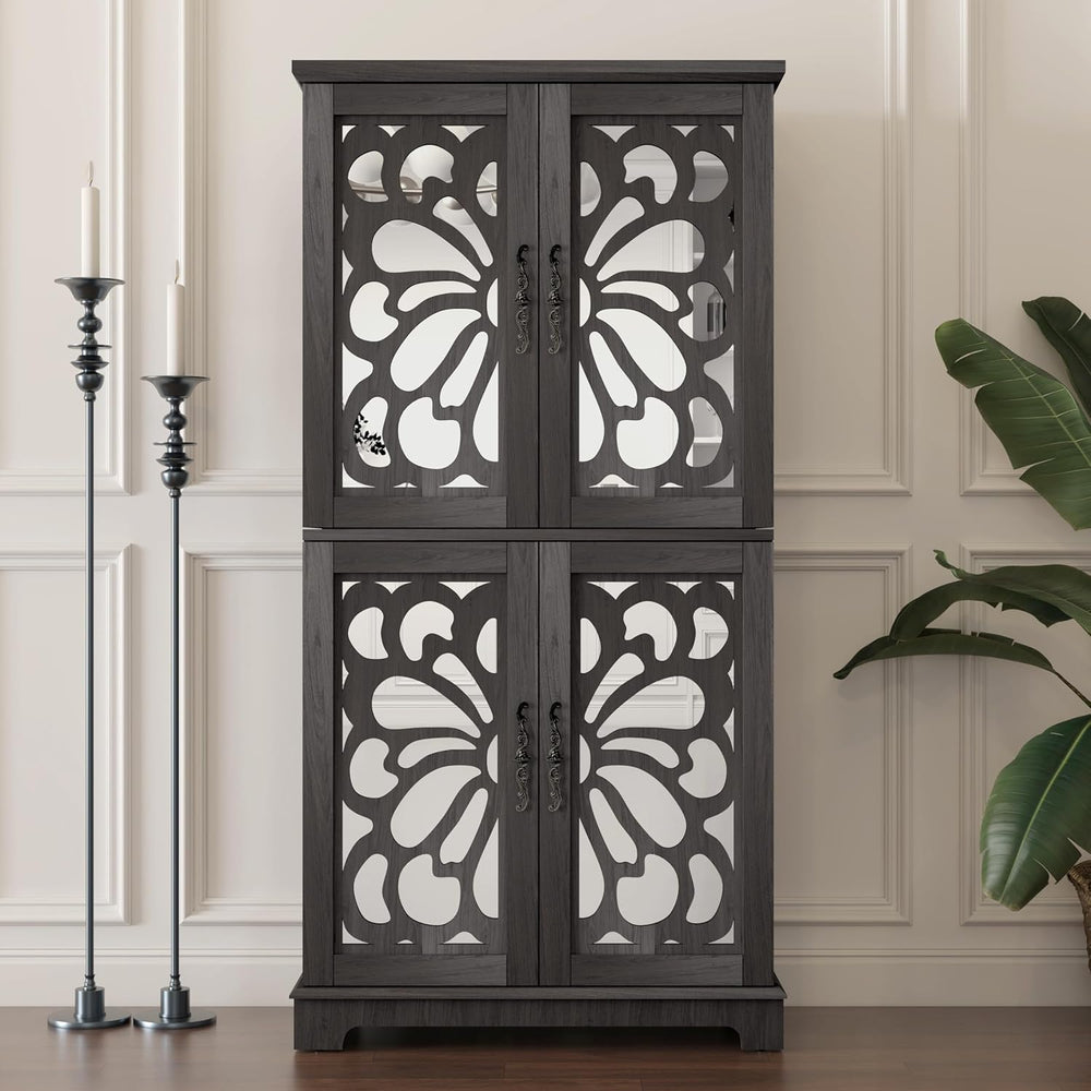 JIJIWANG Kitchen Pantry Storage Cabinet with Acrylic Mirrored Doors,Large Sid...