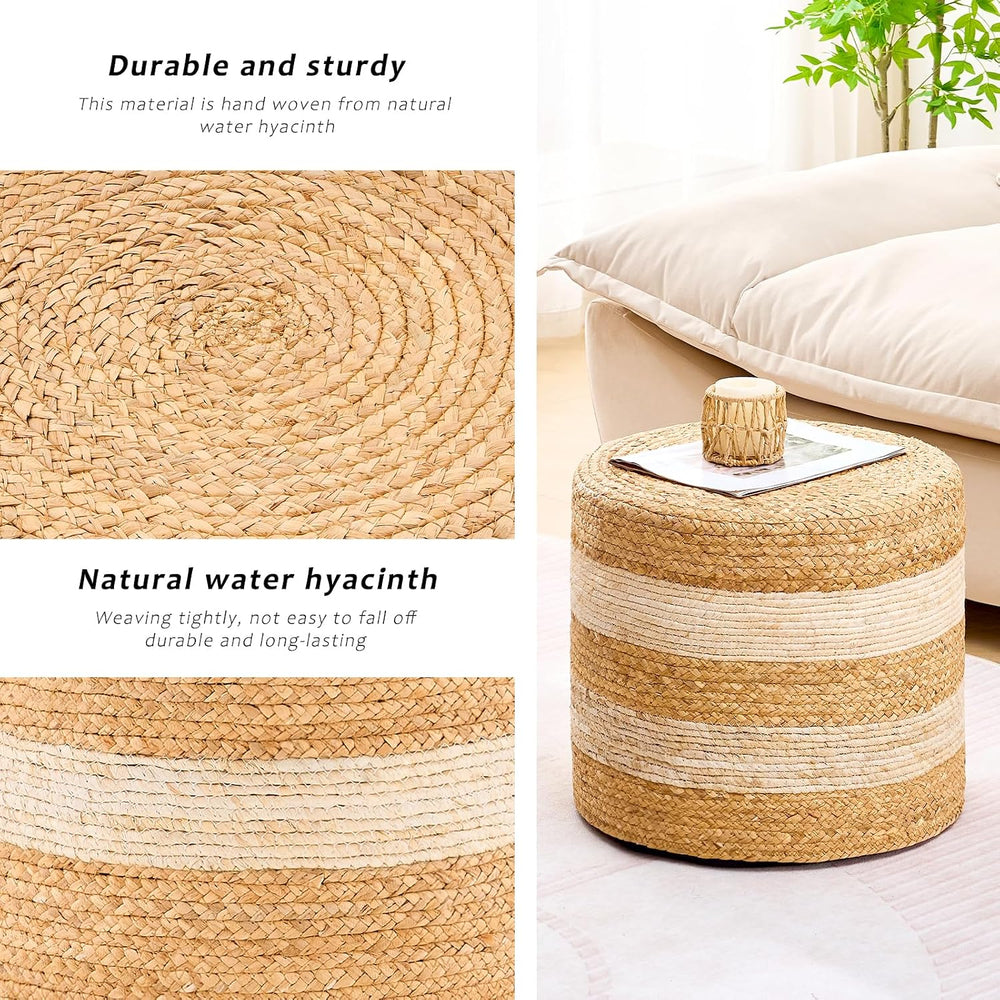 Handwoven Ottoman Pouf, Natural Water Hyacinth Footstool, Round Braided Outdo...
