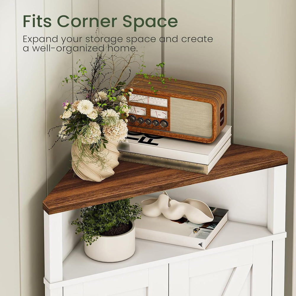 Farmhouse-Style Corner Cabinet, Corner Shelf with Open Storage, Double-Door S...