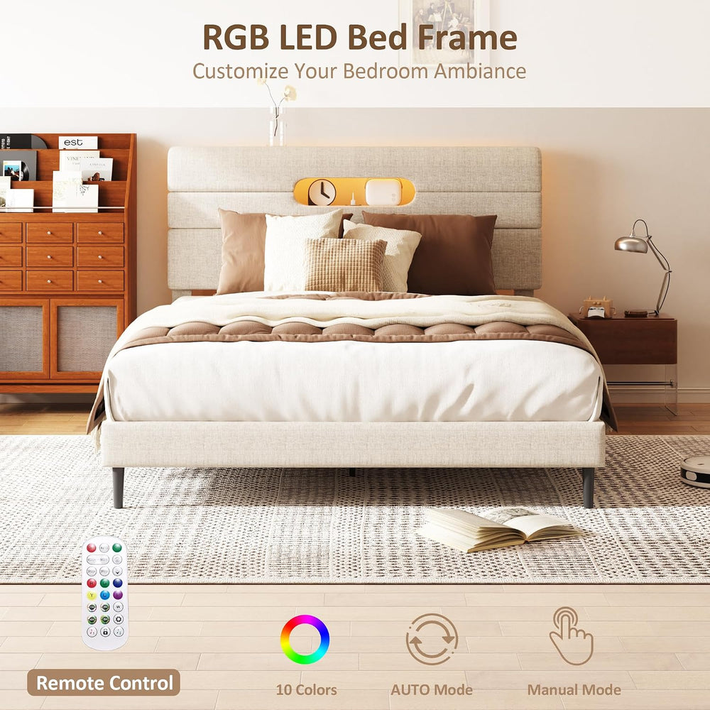 Sismplly Full Bed Frame with Linen Headboard, Platform Bed Frame with Upholst...