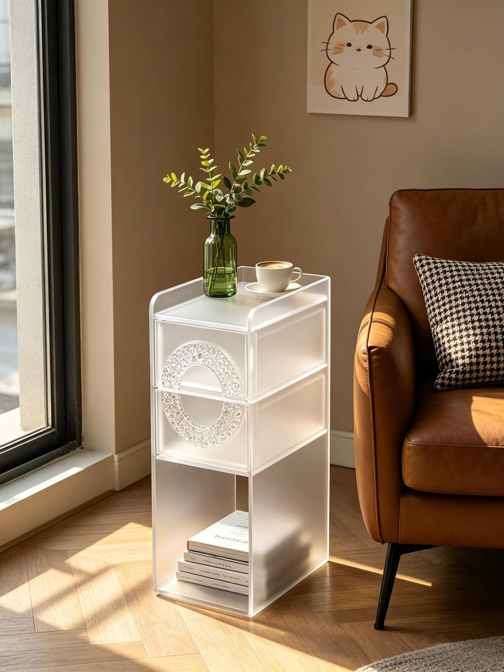 Frosted Acrylic Nightstand with 2 Drawers - Modern Slim Bedside Table for Sma...