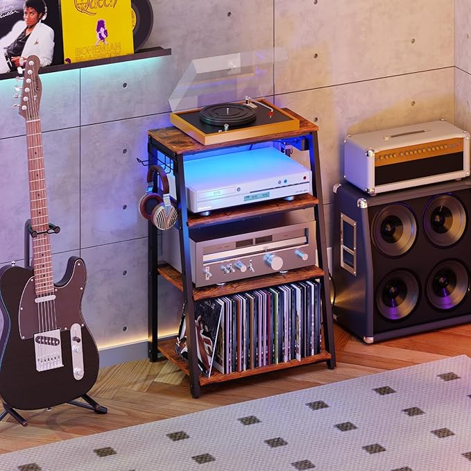 4-Tier AV Media Stand with Power Strips, Heavy Duty Stereo Cabinet Stand with...