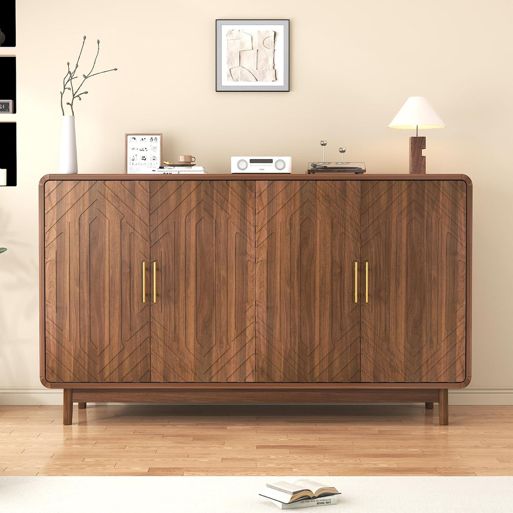 Modern Sideboard Buffet Cabinet with Storage, Carved 4-Door Accent Cabinet wi...