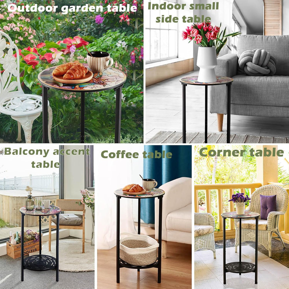 2-Tier Metal Round Side Table Black Accent Coffee Tables Small Space Corner P...