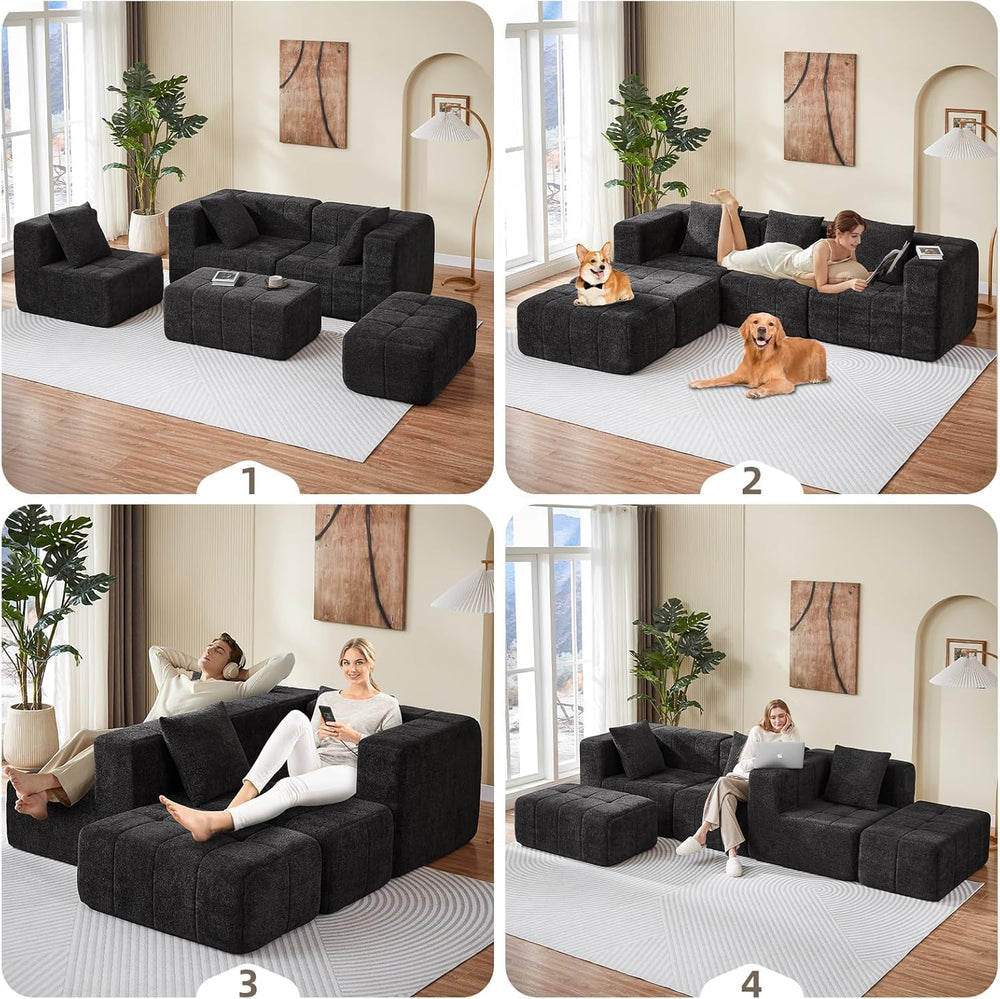 Modular Sectional Sofa with Deep Seat, Cloud Couch with 2 Movable Ottoman, No...