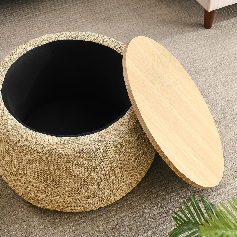 Round Storage Ottoman, 2 in 1 Function, Work as End Table and Ottoman, Natura...