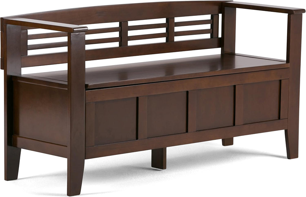SIMPLIHOME Adams 48" Wide Solid Wood Storage Bench in Medium Brown