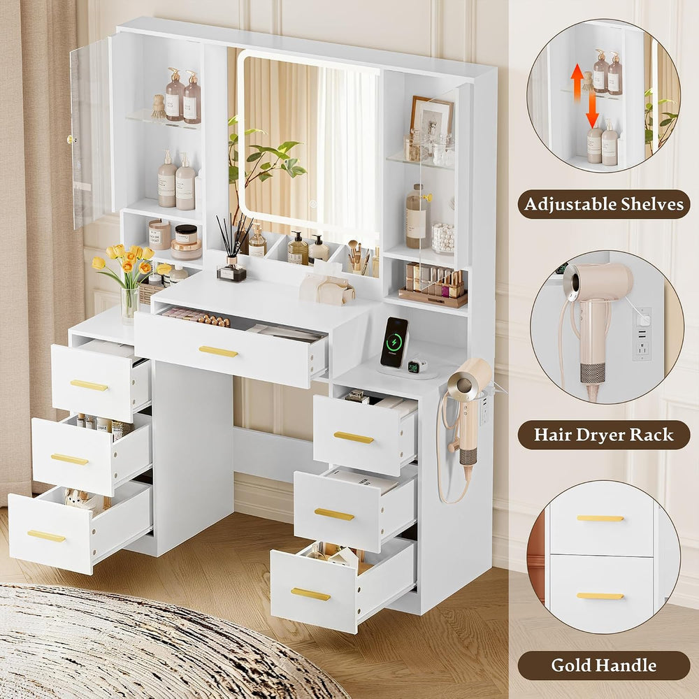 HUANLEGO Makeup Vanity Desk with Mirror and LED Lights for Girls, White
