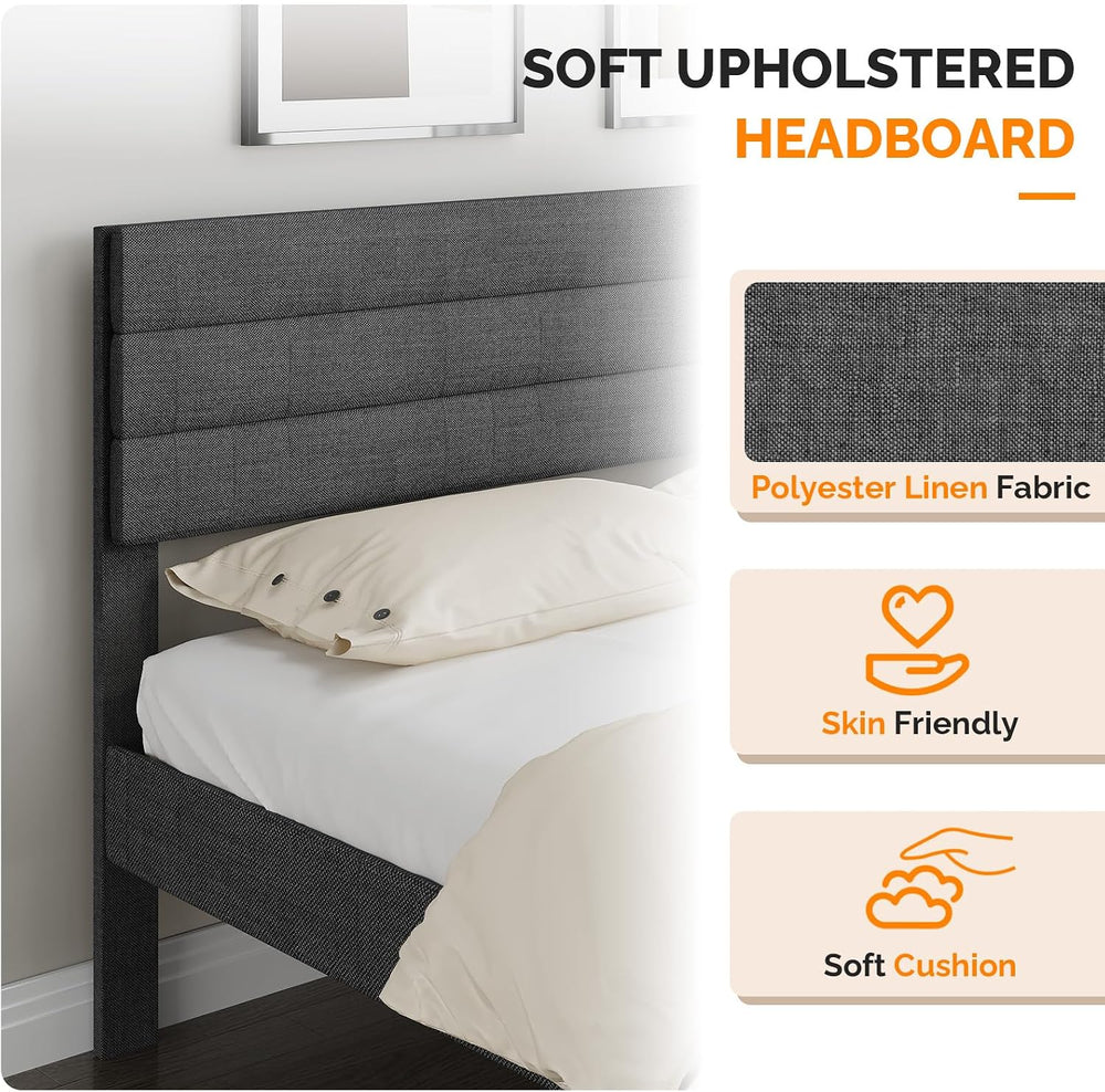 VINGLI Full Upholstered Platform Bed Frame with Headboard,Linen Dark Gray