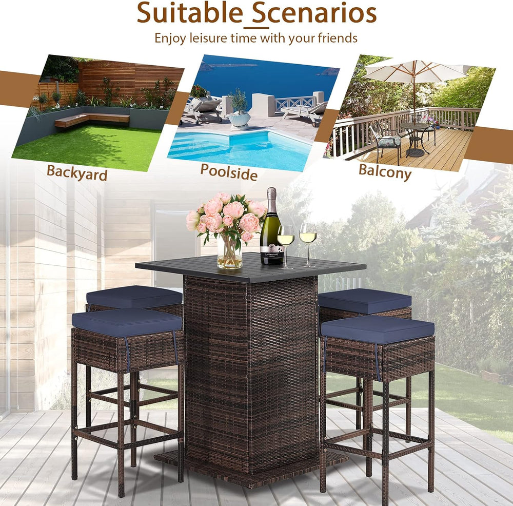 HAPPYGRILL 5 Piece Rattan Bar Set Outdoor Wicker Bar Table and 4 Bar Stools w...