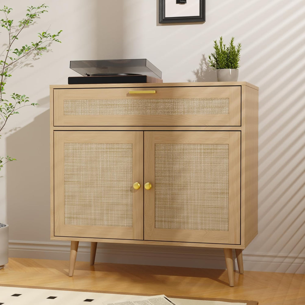 Furnify Rattan Sideboard Buffet, Boho Kitchen Cabinet with Drawer & 2 Doo...