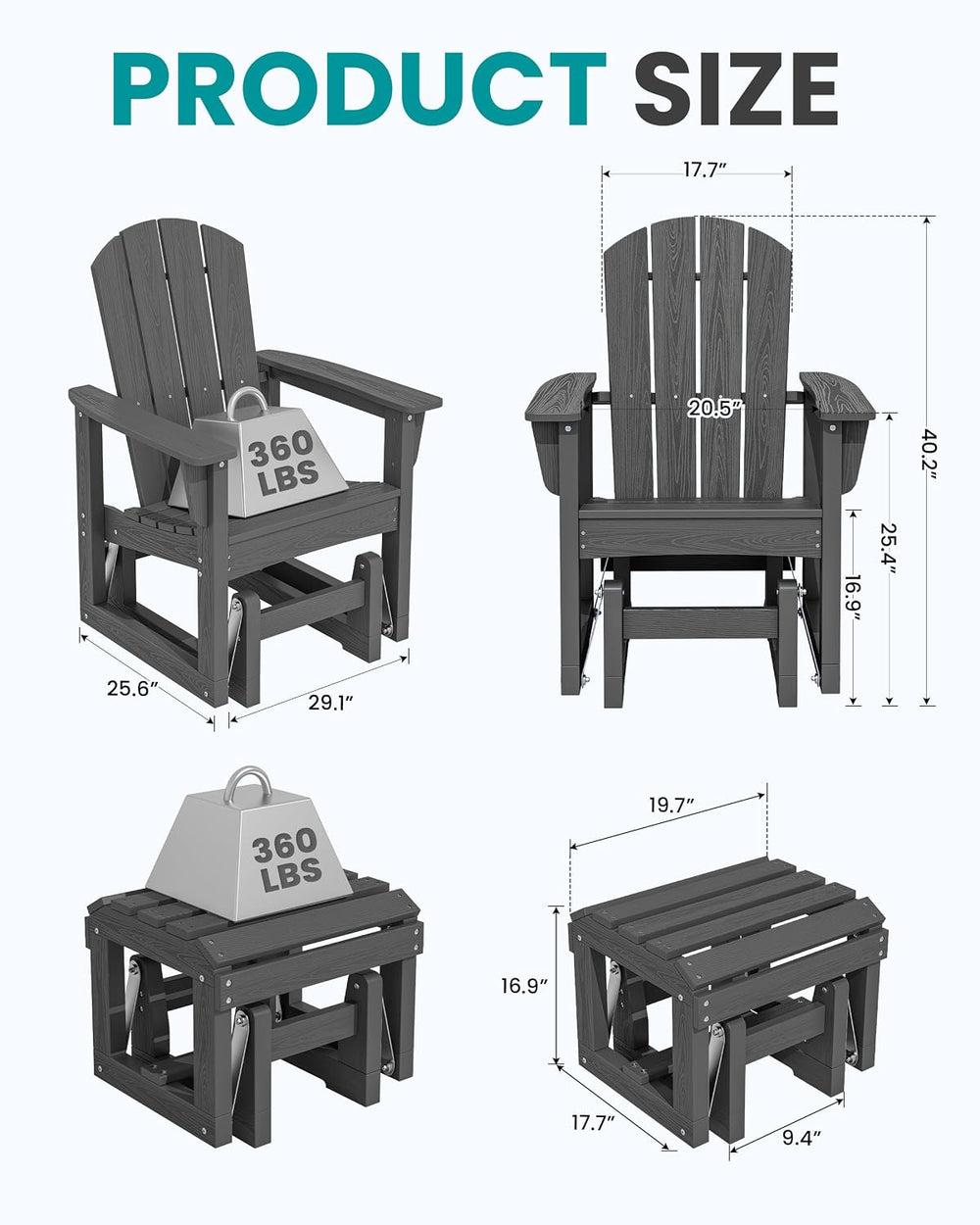 SERWALL HDPE Outdoor Glider with Ottoman Set of 4, All-Weather Patio Glider