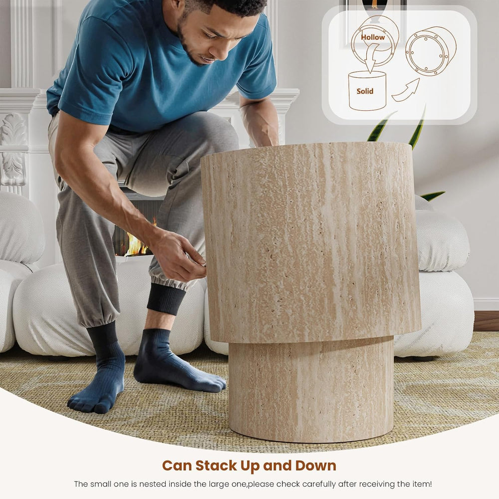 Nesting Coffee Table Set of 2 (Travertine) | Modern Round Center Ttable, Non-...