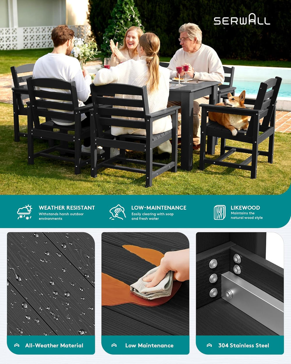 SERWALL HDPE Dining Set for 6: 1 Umbrella Hole Table, 4 Armless + 2 Armchairs...