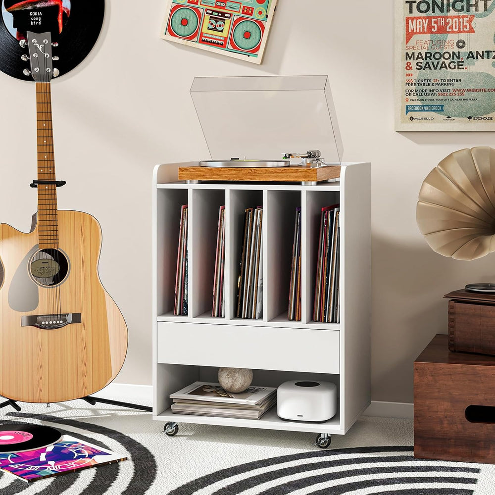LOKO Record Player Stand On Wheels, Rolling Turntable Stand with 5 Compartmen...