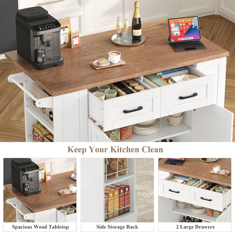 Keyluv Kitchen Storage Island with 2 Stools, 51.2” Mobile Kitchen Cart with D...
