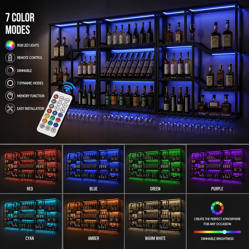 94.5in Wall Mounted Wine Rack with LED Light, Heavy Duty Metal Liquor Shelf, ...