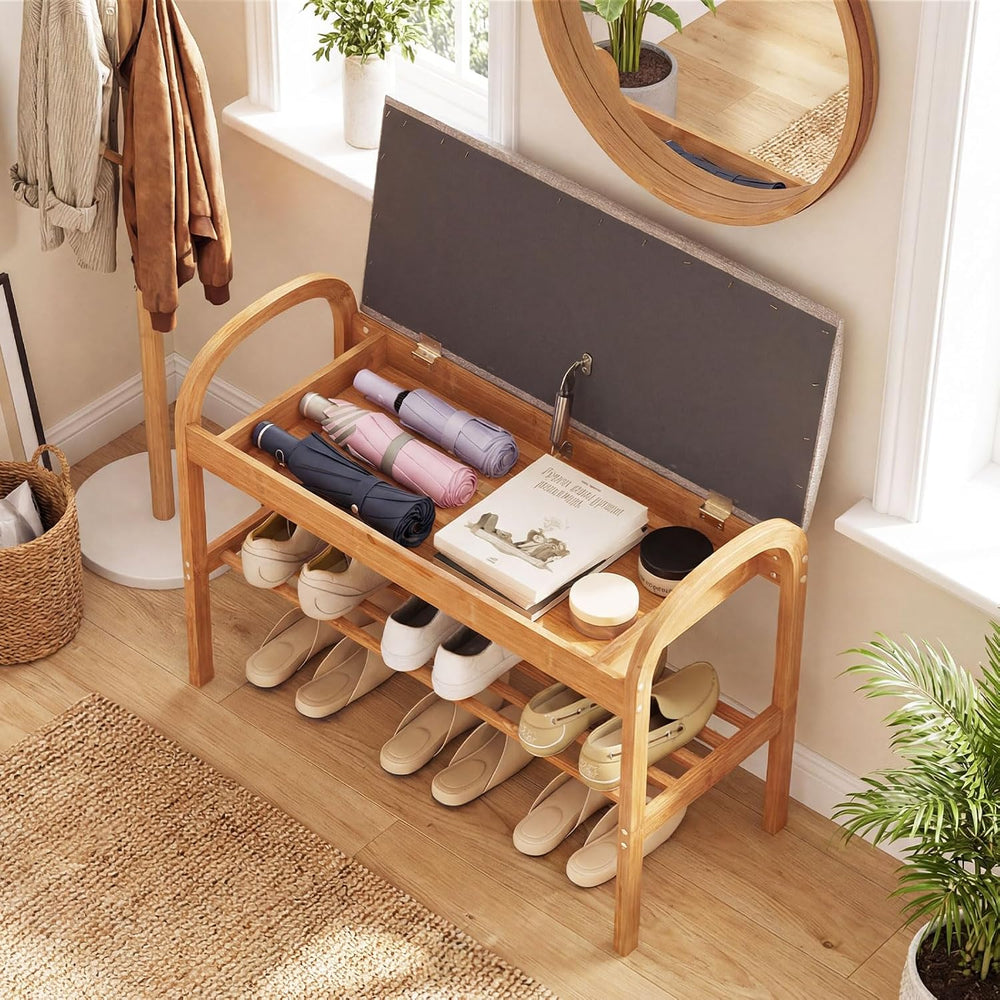 Giantex Shoe Bench with Flip-Top Storage, Bamboo 2-Tier Entryway Bench with P...