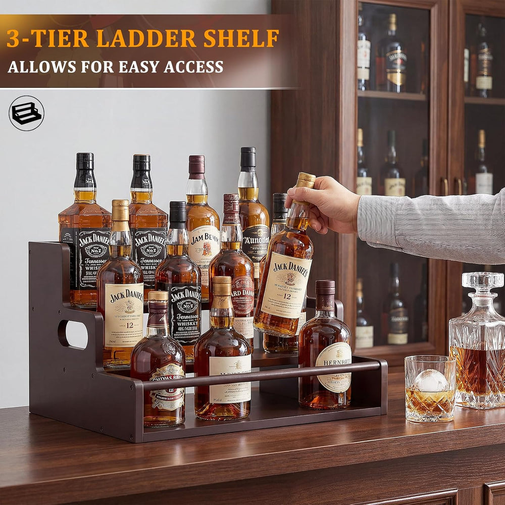 Bamboo Liquor Bottle Display Shelf, 3 Tier Coffee Syrup Rack Organizer, Count...