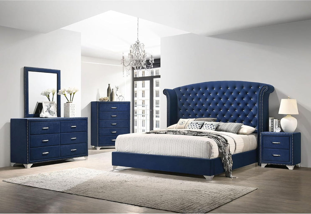 Chantel Pacific Blue Velvet Wingback Eastern King Bed - Tufted Upholstery, Ch...