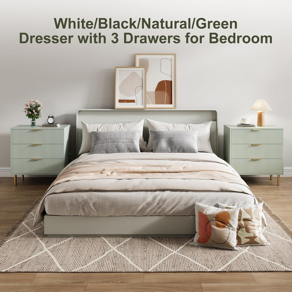 IDEALHOUSE Modern Green 3 Drawer Dresser for Bedroom with Gold Handles