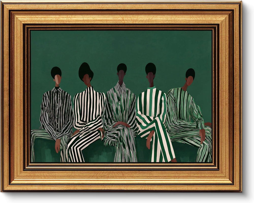 Gold Framed African American Wall Art Green White Striped Black People Canvas...