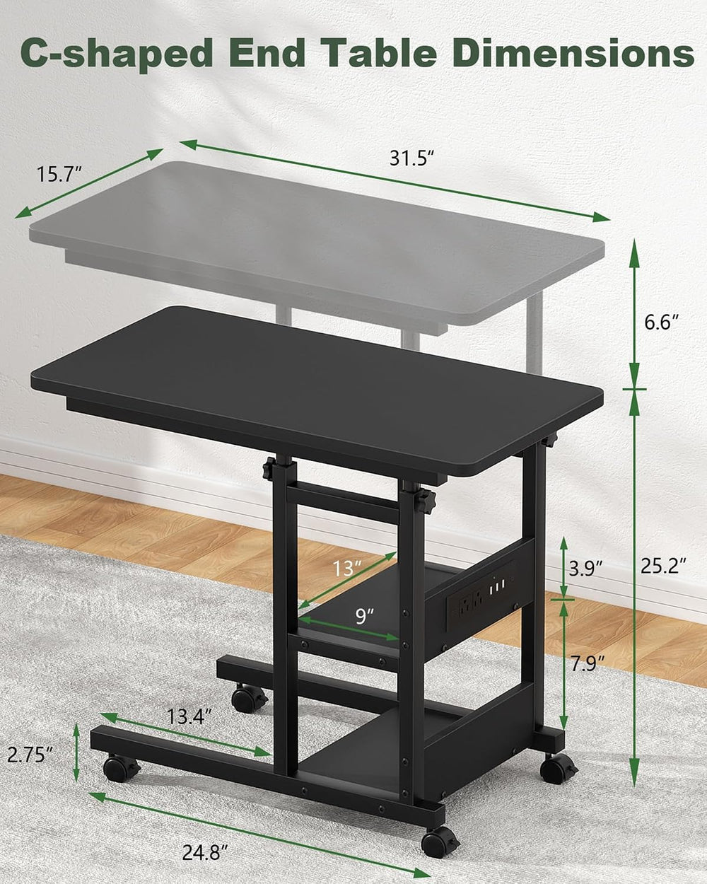Armocity C Shaped End Table Height Adjustable - Couch Side Table with Chargin...