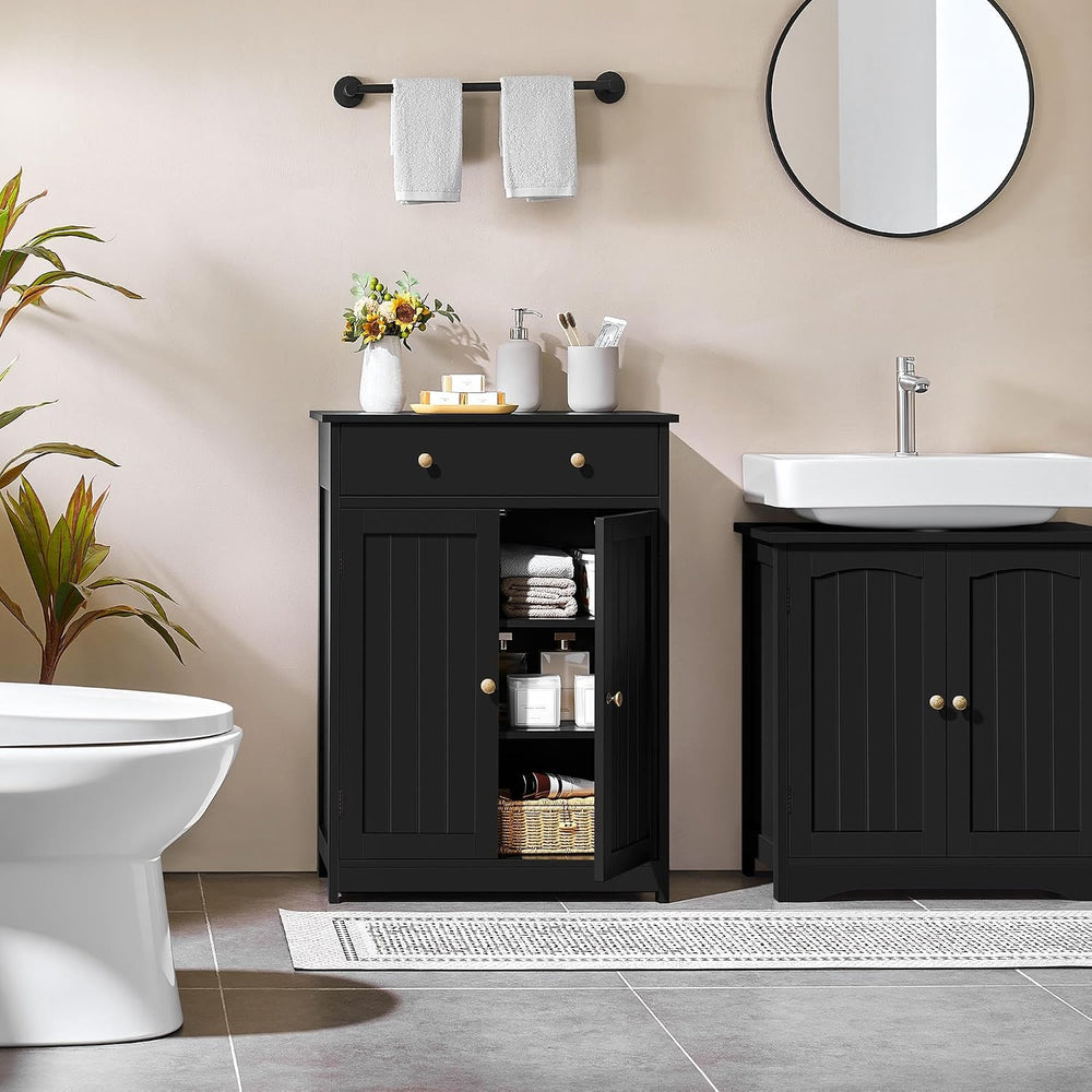 Yaheetech Black Slatted Bathroom Storage Cabinet with Drawer & Double Doors