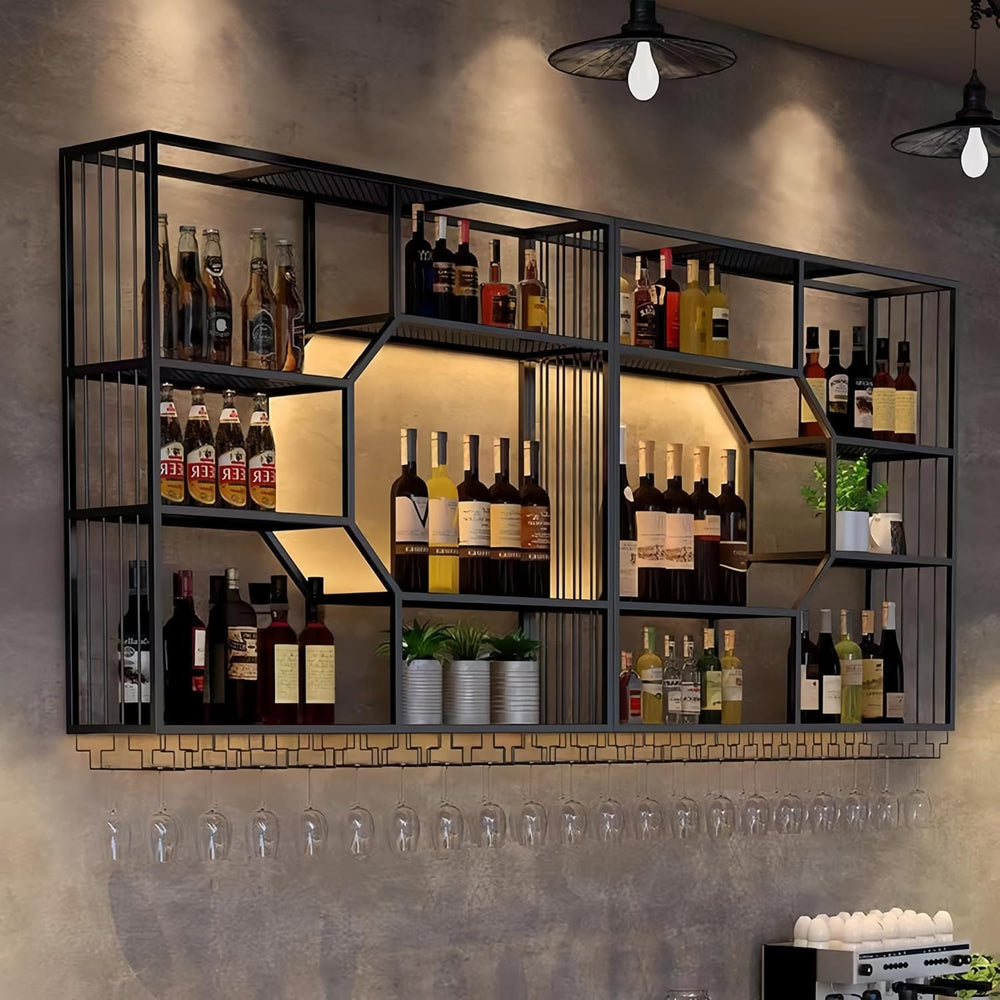 71 Inch Metal Wall-Mounted Wine Rack & Liquor Shelf, 5-Tier Large Bar She...