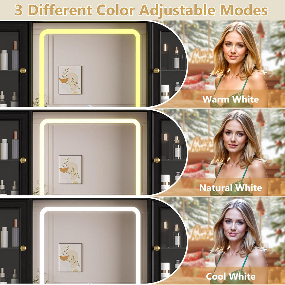 HUANLEGO Farmhouse Makeup Vanity Desk with Mirror and LED Lights, Black | Van...