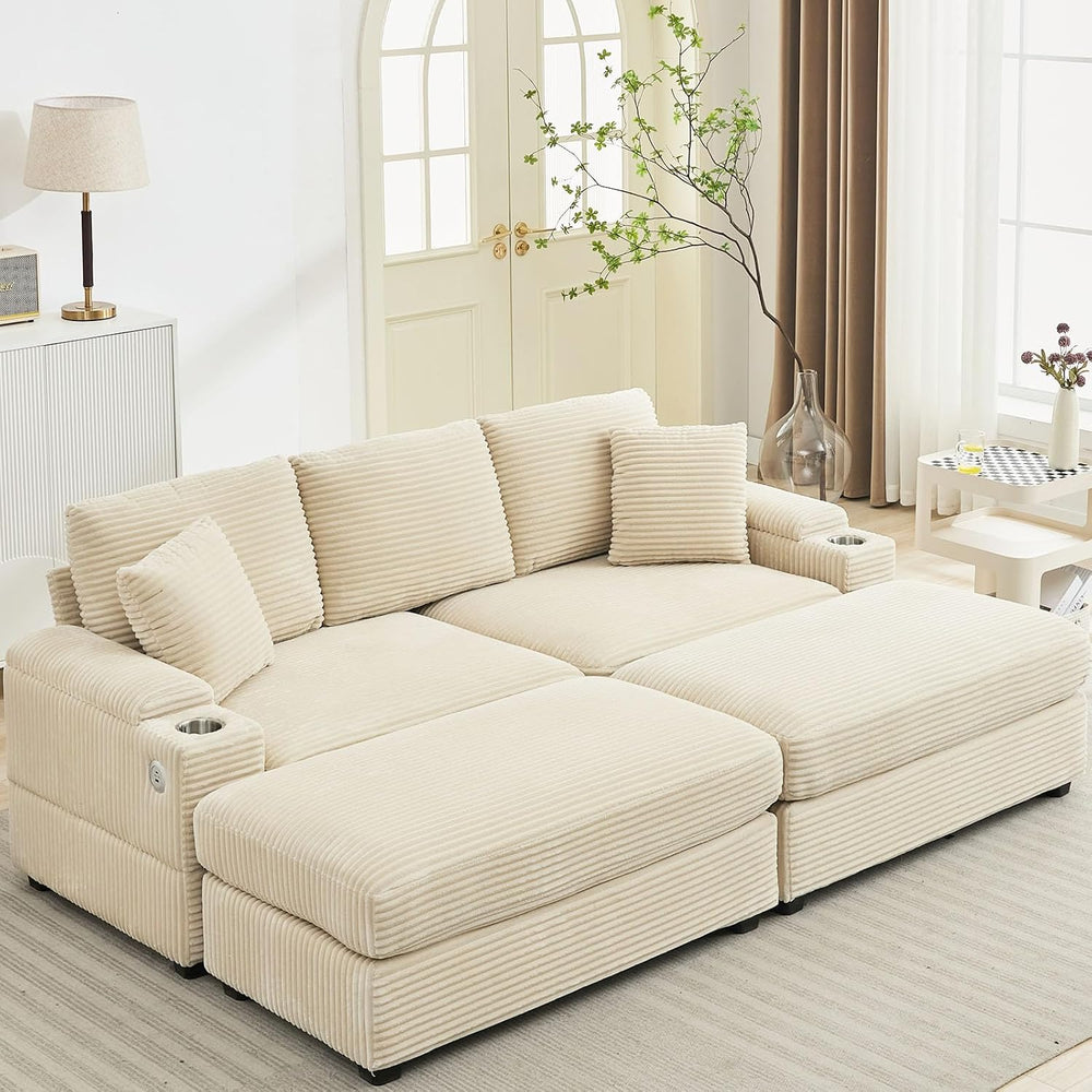 Oversized Corduroy Double Chaise Lounge Chair Indoor with Storage and Ottoman...
