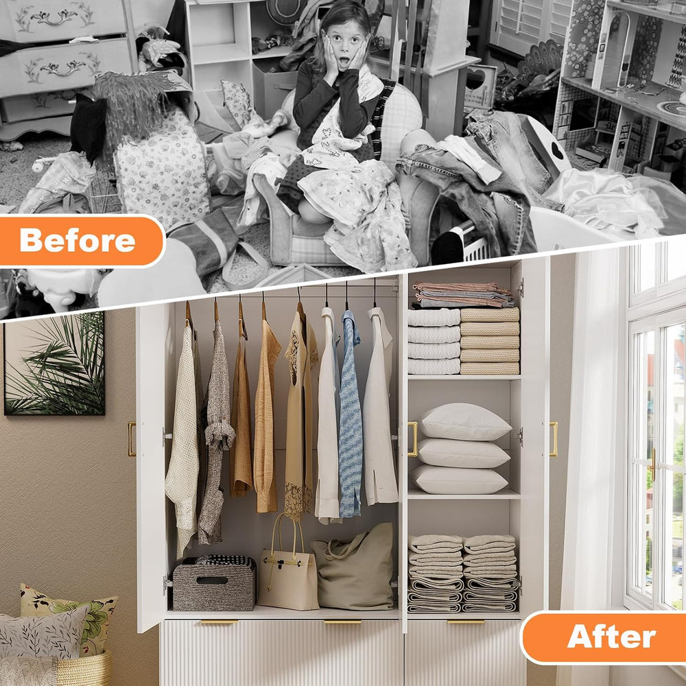 PAKASEPT Armoire Wardrobe Closet with 3 Door, Mirror, LED Lights | Hanging Ro...