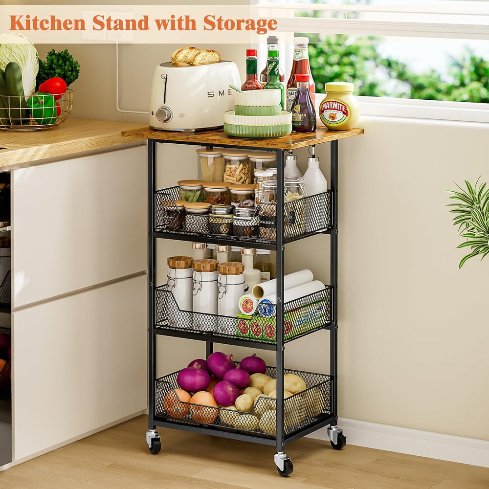 ThreeHio Rolling Kitchen Microwave Cart with Fruit Baskets, 4 Tier Microwave ...
