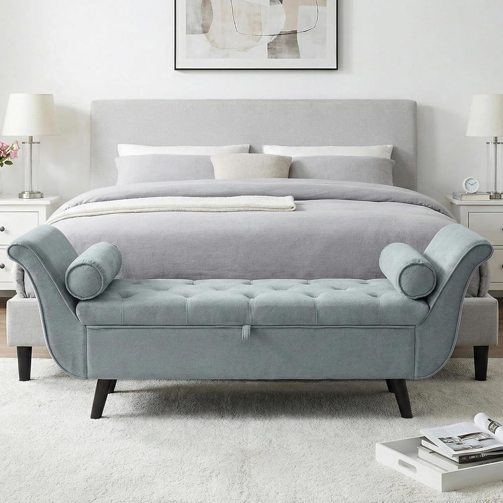 65" Velvet Storage Bench, 65" Vintage Upholstered Rolled Armed Butt...
