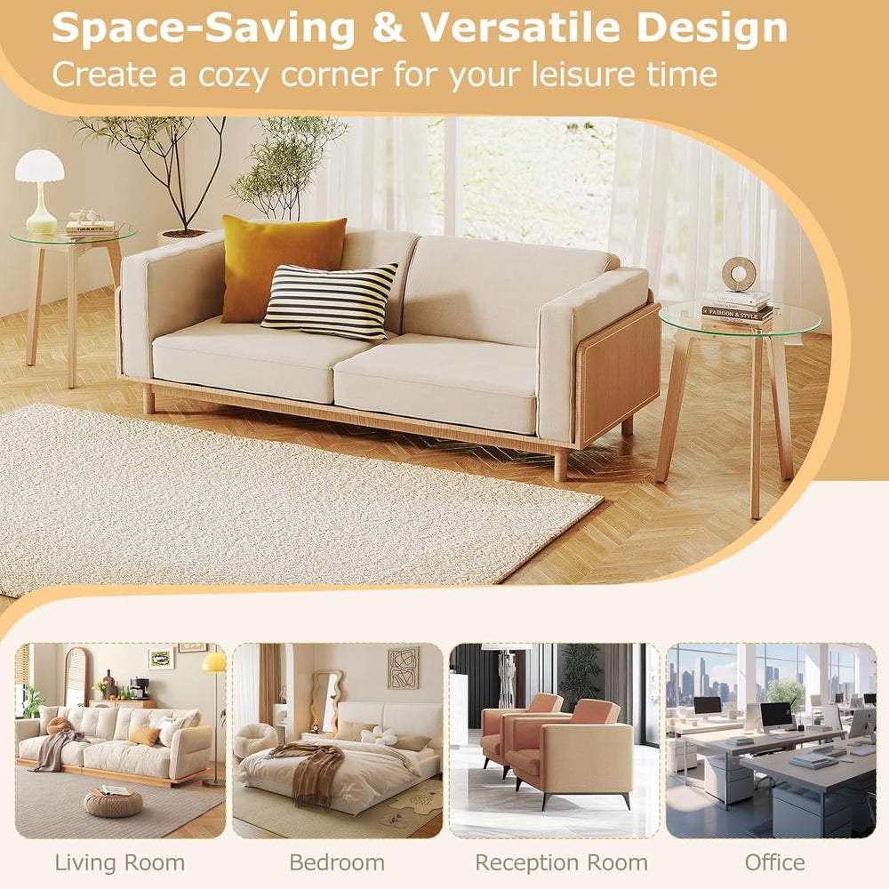 GOFLAME Glass End Table, 21” Round Couch Sofa Side Table with Solid Rubber Wo...