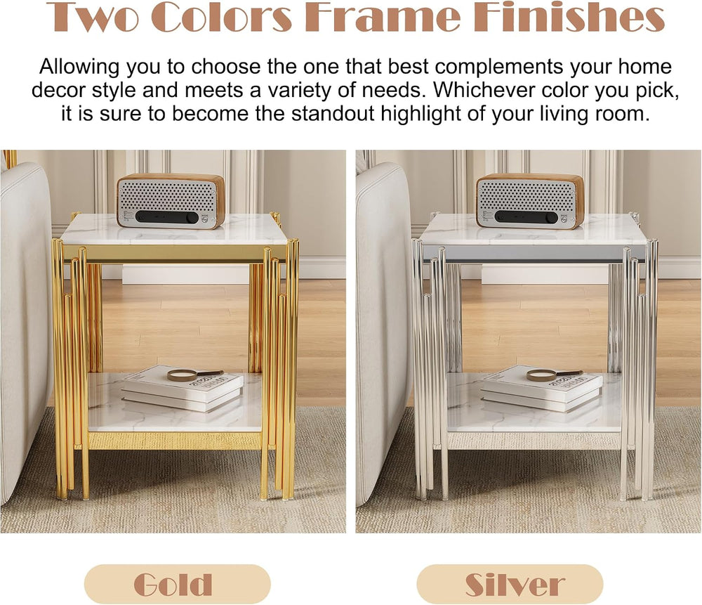 19" White Marble Side Table, 2-Tier Square Modern End Table with Silver ...