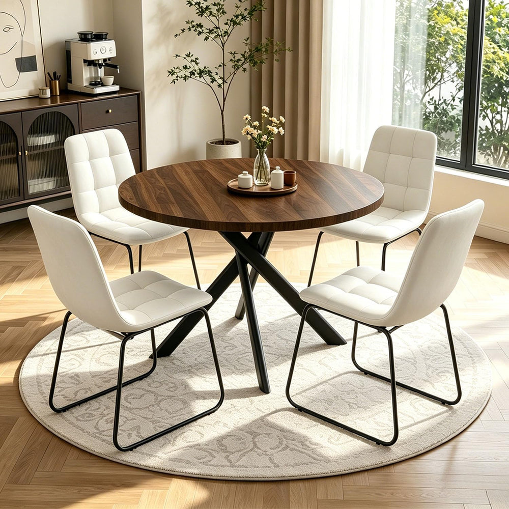 44" Round Dining Table Set for 4, Modern X-Shaped Metal Leg Table | Cush...