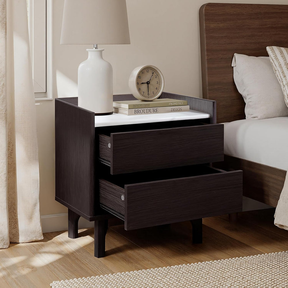 LuxenHome Modern 2 Drawers Nightstand with Faux Marble Top, 23'' Wood...
